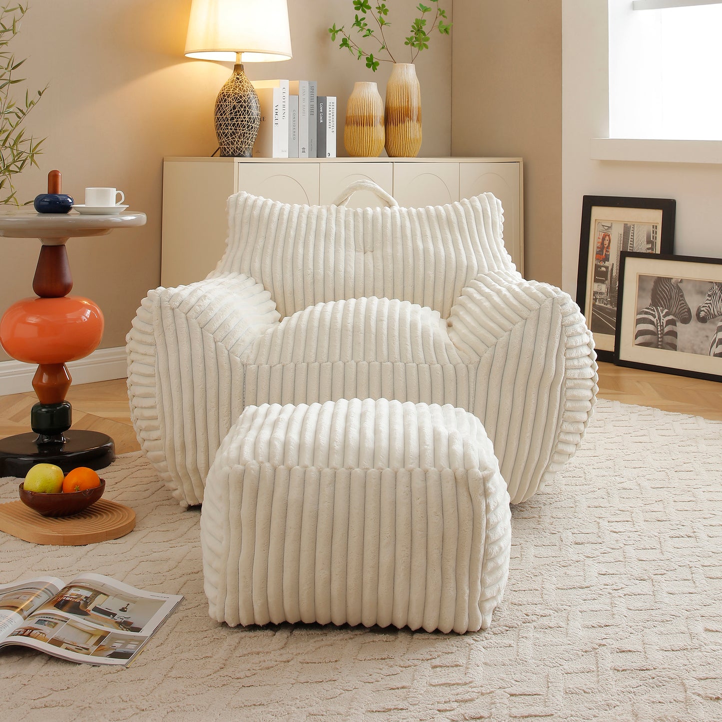 Beige Corduroy Bean Bag Chair with Footstool