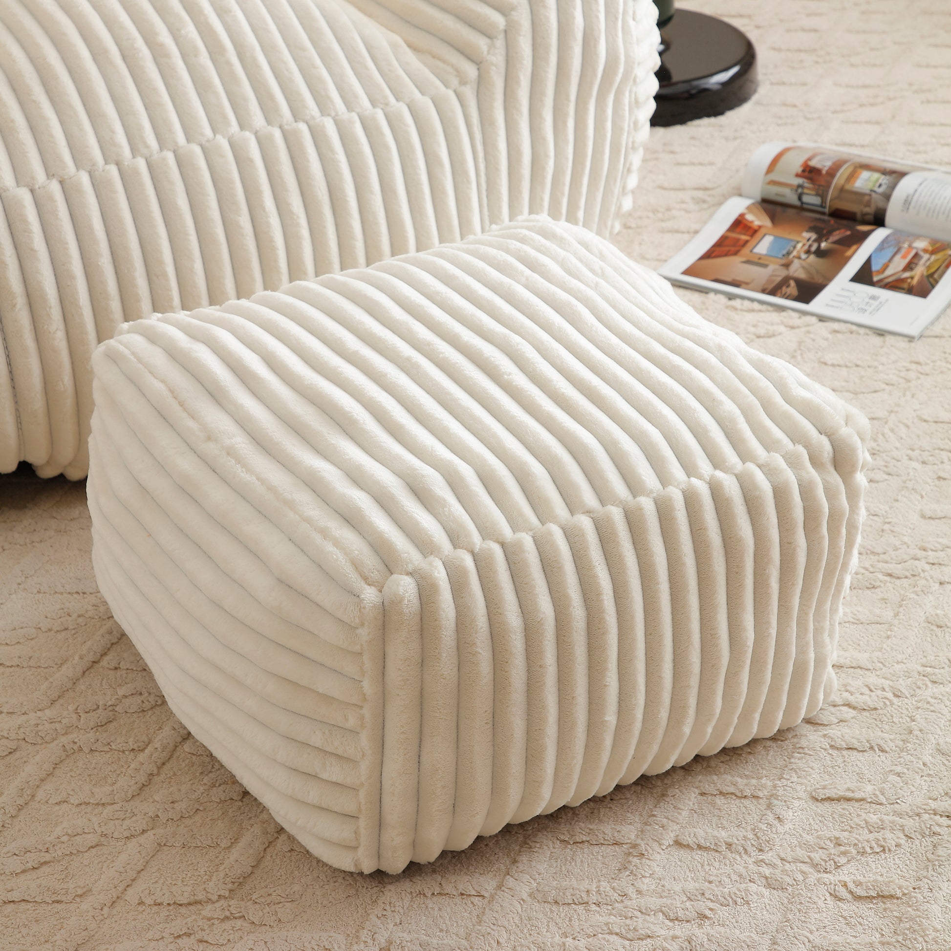 Beige Corduroy Bean Bag Chair with Footstool