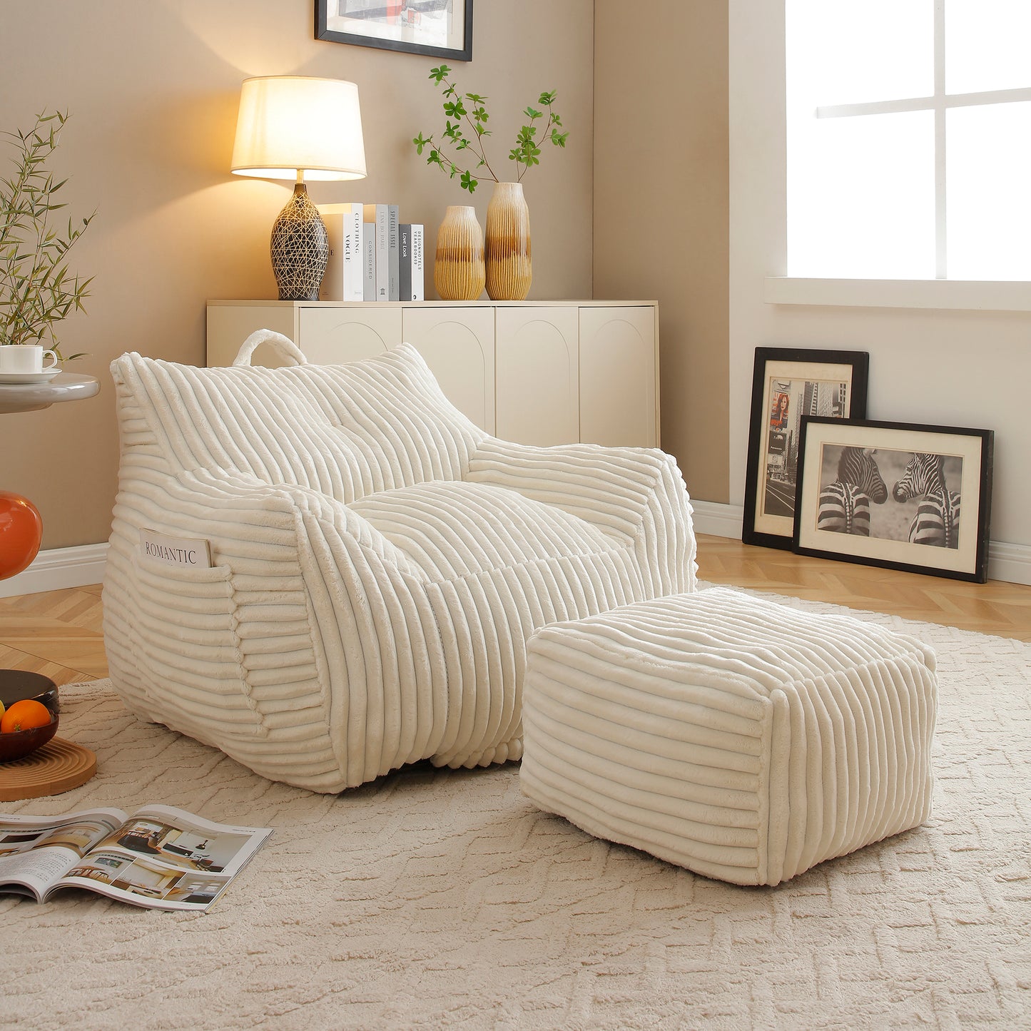 Giant Plush Bean Bag Chair for Adults with Armrests and Footstool -- Comfy Beige Beanbag Chaise Lounge Lazy Floor Sofa Chair for Living Room, Bedroom & Dorm, Cozy Fluffy Cloud Mini Couch
