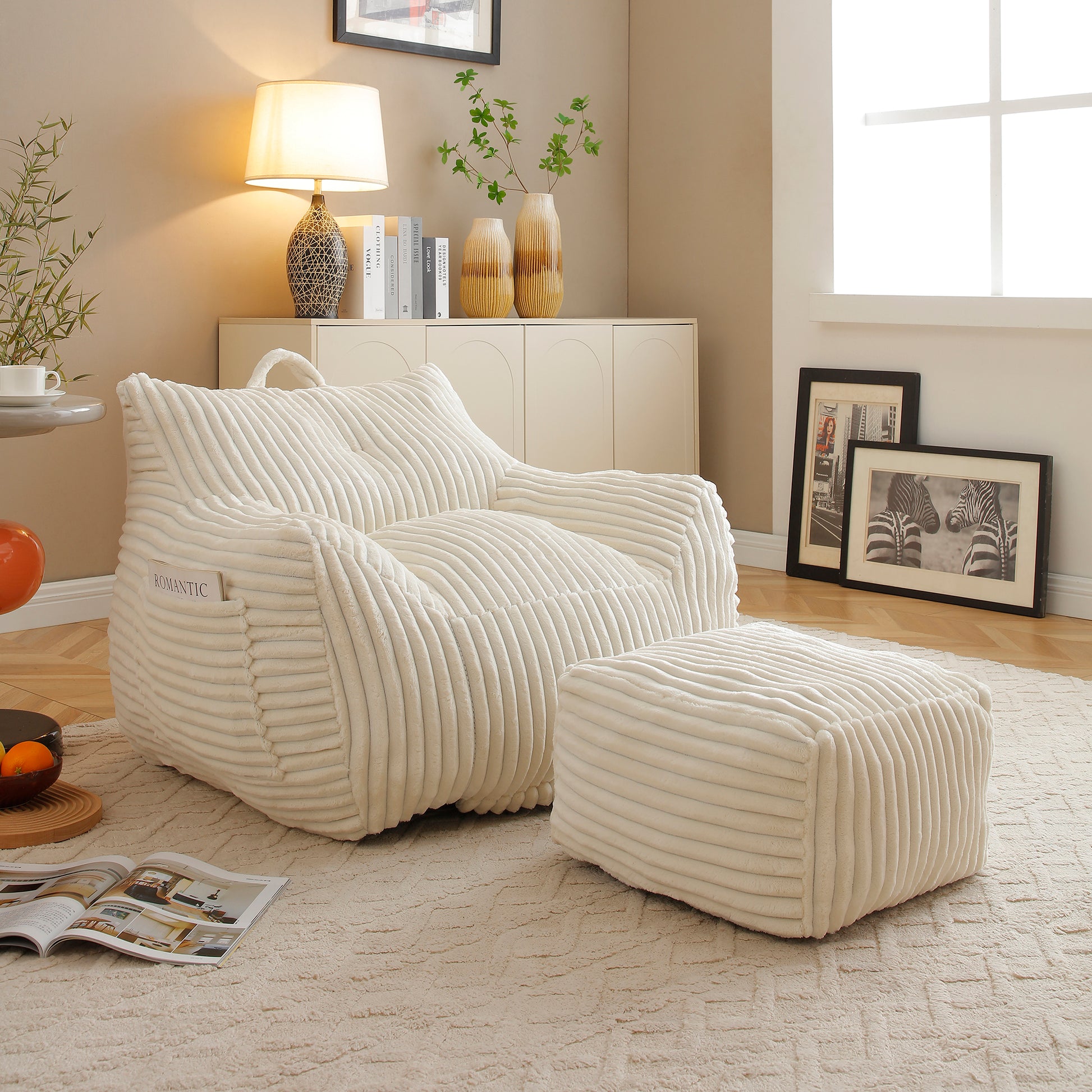 Giant Plush Bean Bag Chair for Adults with Armrests and Footstool -- Comfy Beige Beanbag Chaise Lounge Lazy Floor Sofa Chair for Living Room, Bedroom & Dorm, Cozy Fluffy Cloud Mini Couch