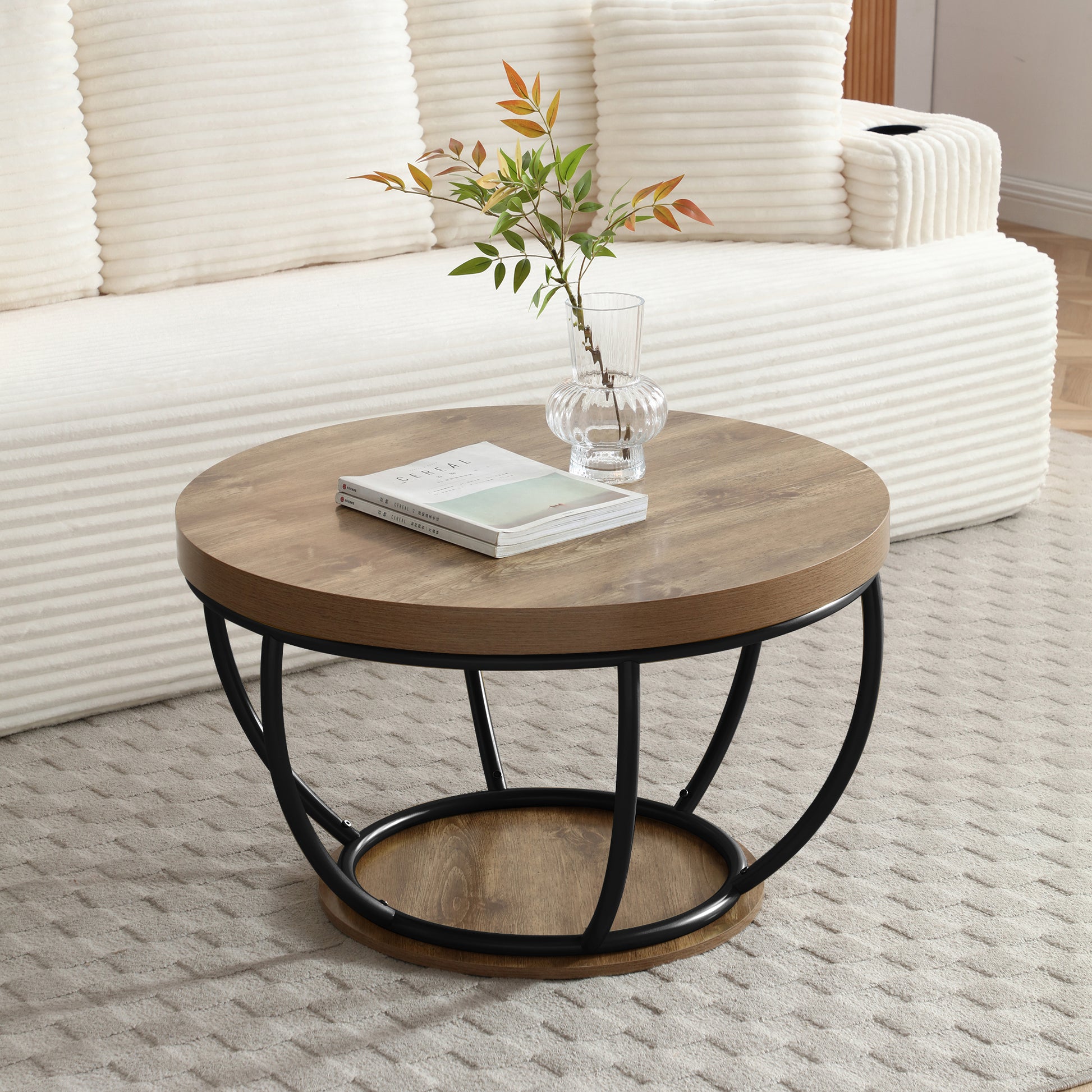 31" Round Black MDF Coffee Table with Storage Shelves for Living Room