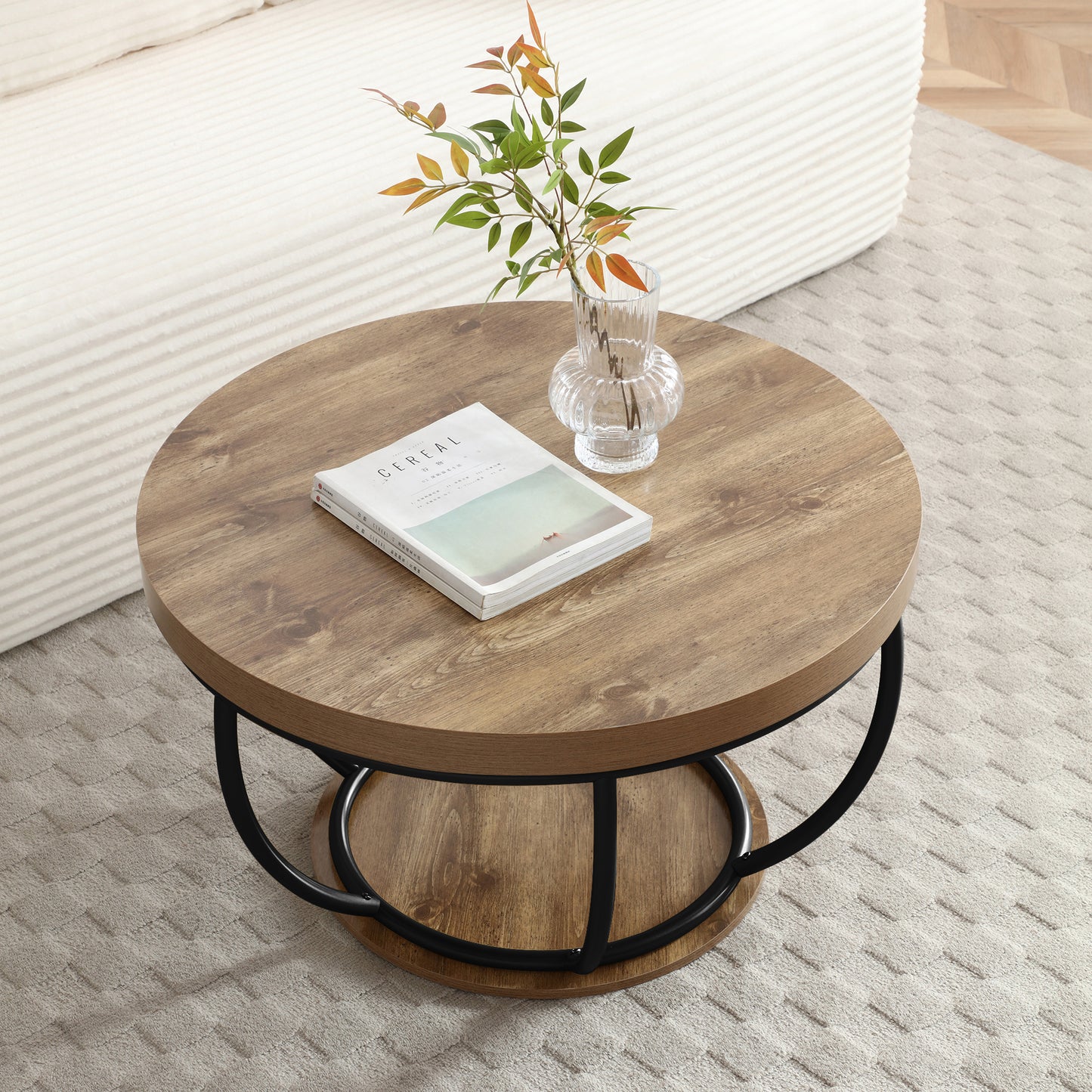 31" Round Black MDF Coffee Table with Storage Shelves for Living Room