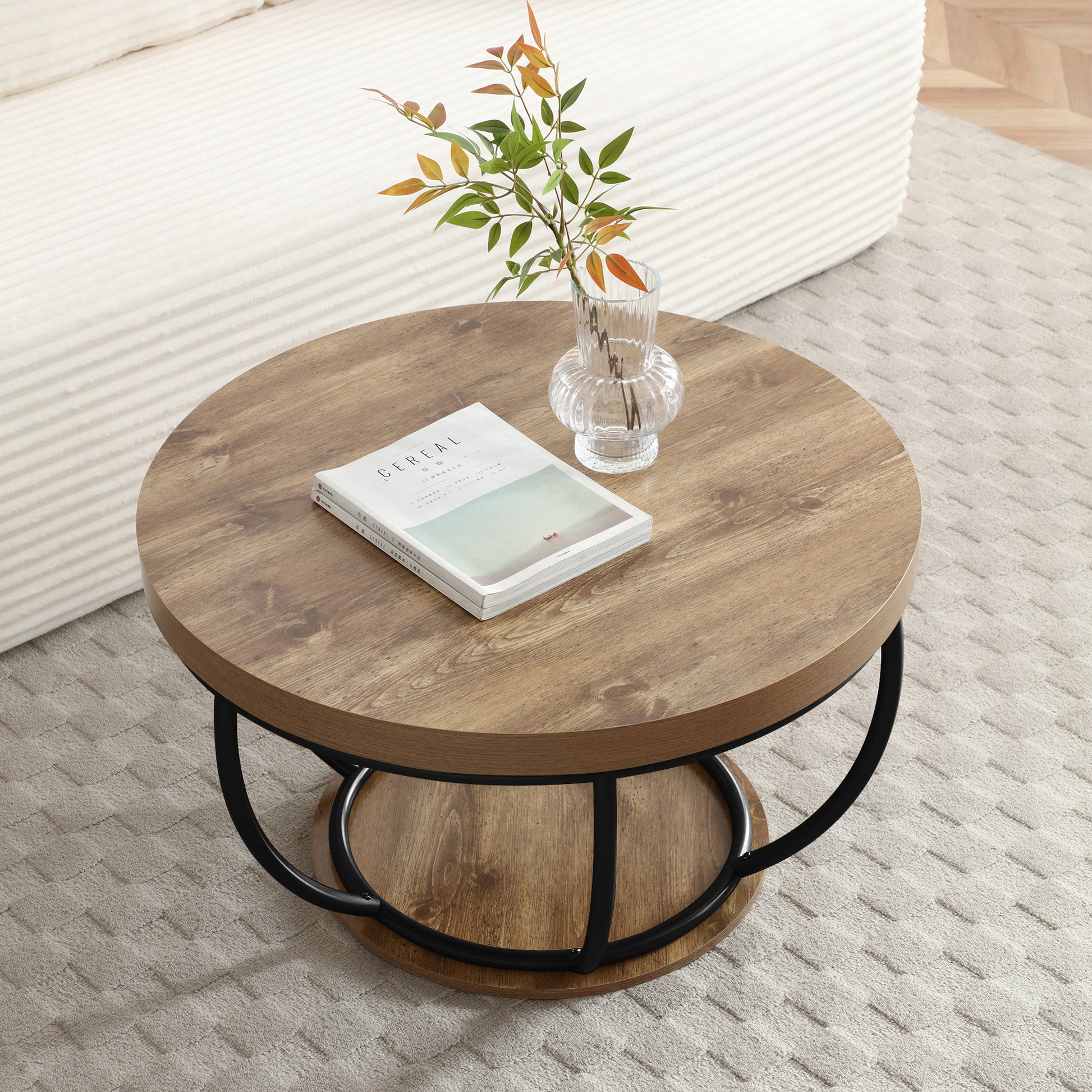 31" Round Black MDF Coffee Table with Storage Shelves for Living Room