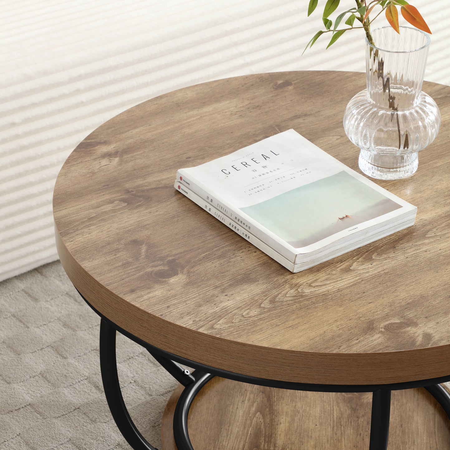 31" Round Black MDF Coffee Table with Storage Shelves for Living Room