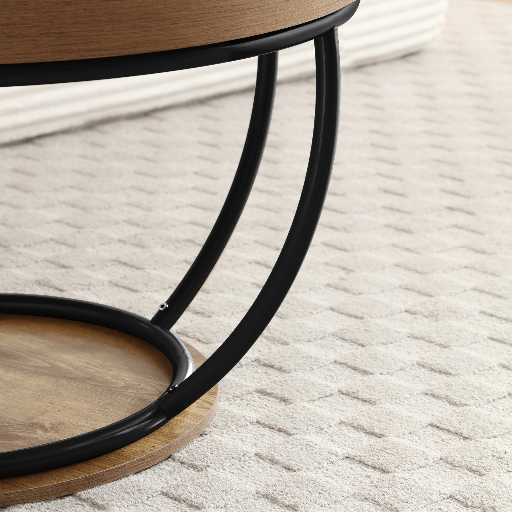 31" Round Black MDF Coffee Table with Storage Shelves for Living Room