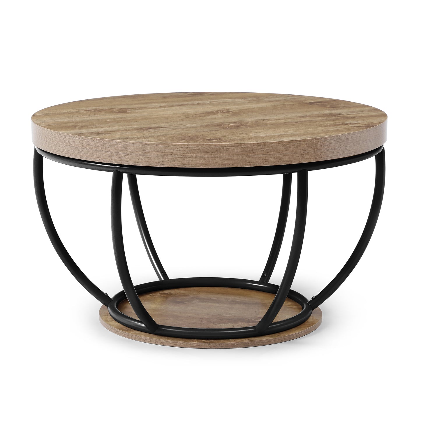 31" Round Black MDF Coffee Table with Storage Shelves for Living Room