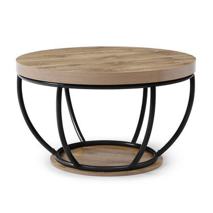 31" Round Black MDF Coffee Table with Storage Shelves for Living Room
