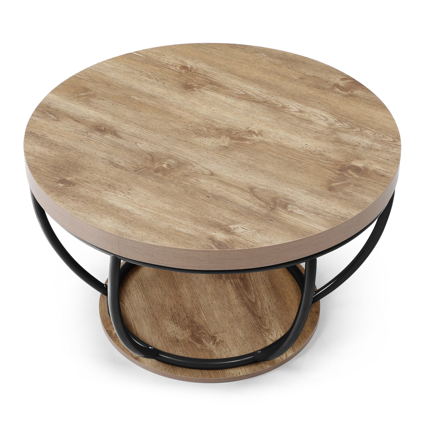 31" Round Black MDF Coffee Table with Storage Shelves for Living Room