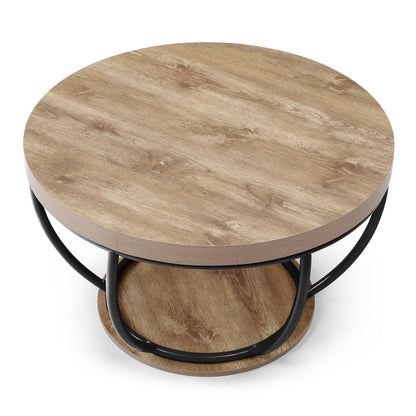 31" Round Black MDF Coffee Table with Storage Shelves for Living Room