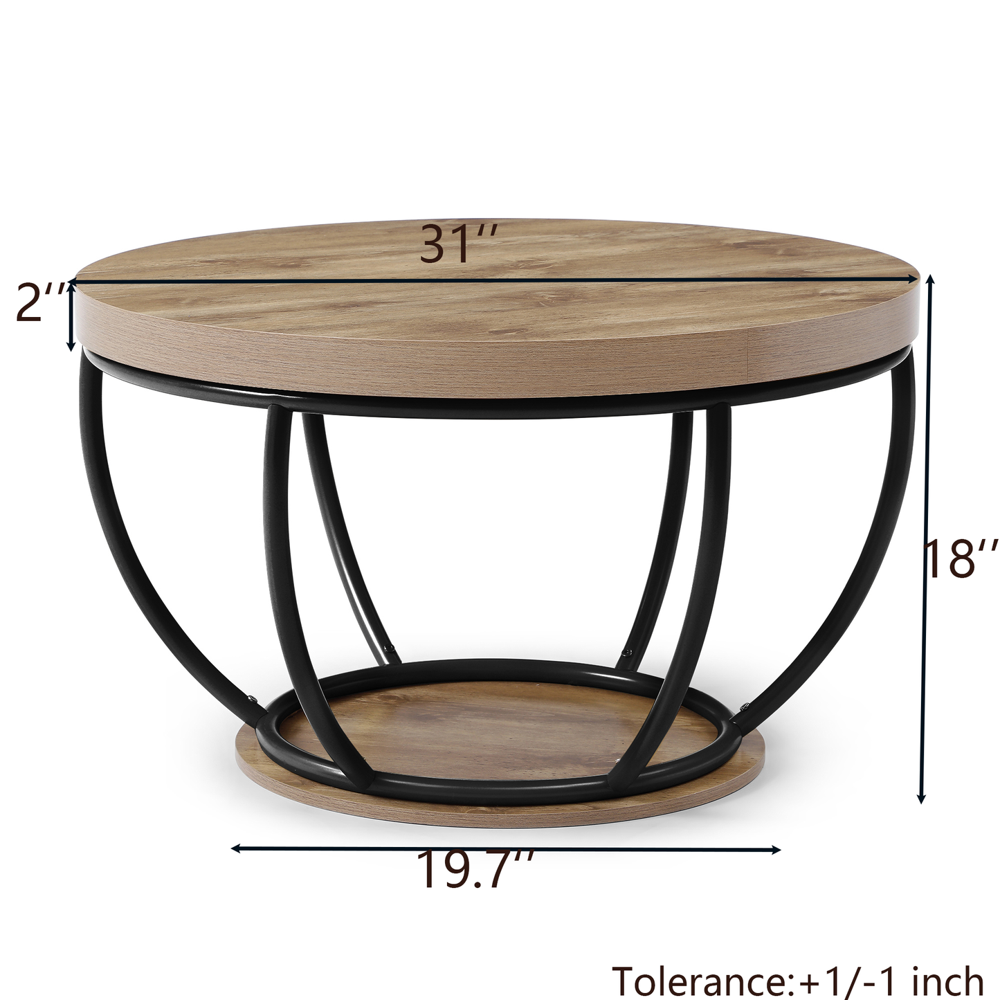 31" Round Black MDF Coffee Table with Storage Shelves for Living Room