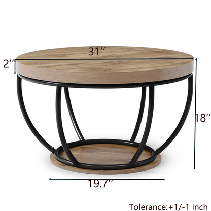 31" Round Black MDF Coffee Table with Storage Shelves for Living Room
