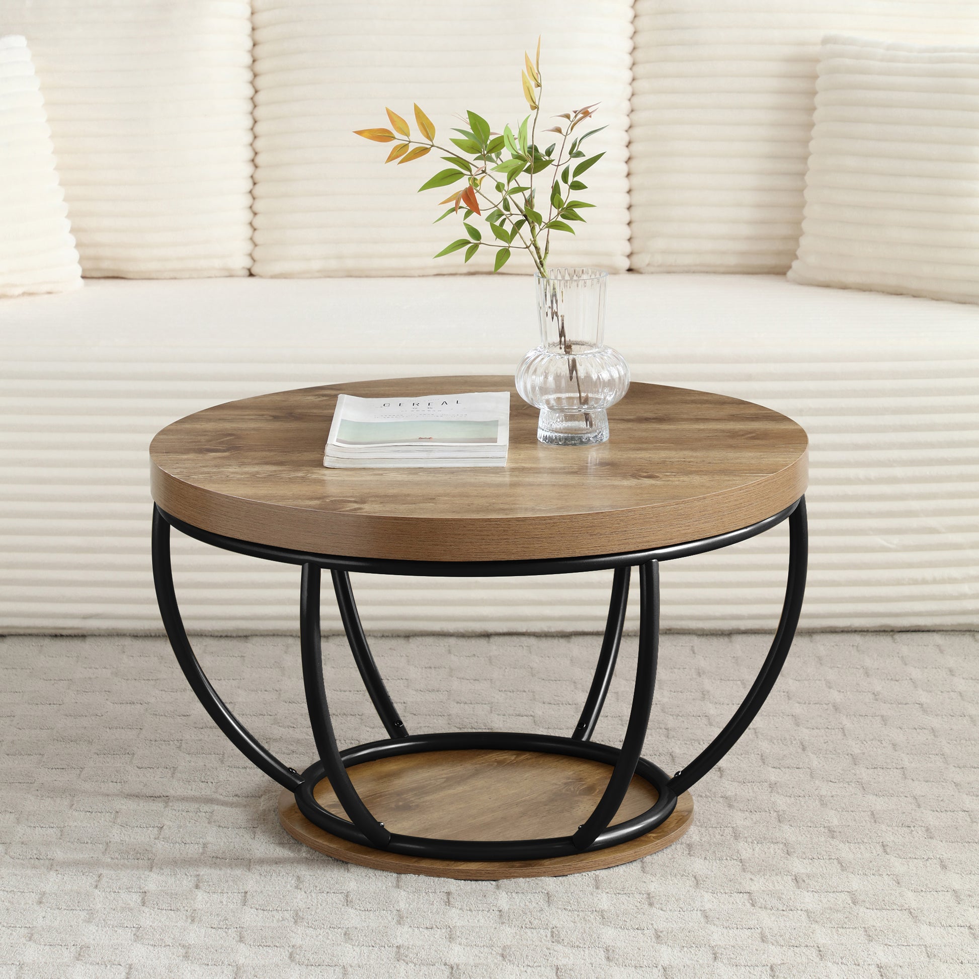 31" Round Industrial Coffee Table with 2-Tier Storage Shelves, Modern Wood & Black Metal Accent Center Table for Living Room, Home Office – Easy Assembly