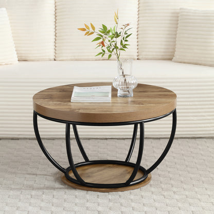 31" Round Industrial Coffee Table with 2-Tier Storage Shelves, Modern Wood & Black Metal Accent Center Table for Living Room, Home Office – Easy Assembly
