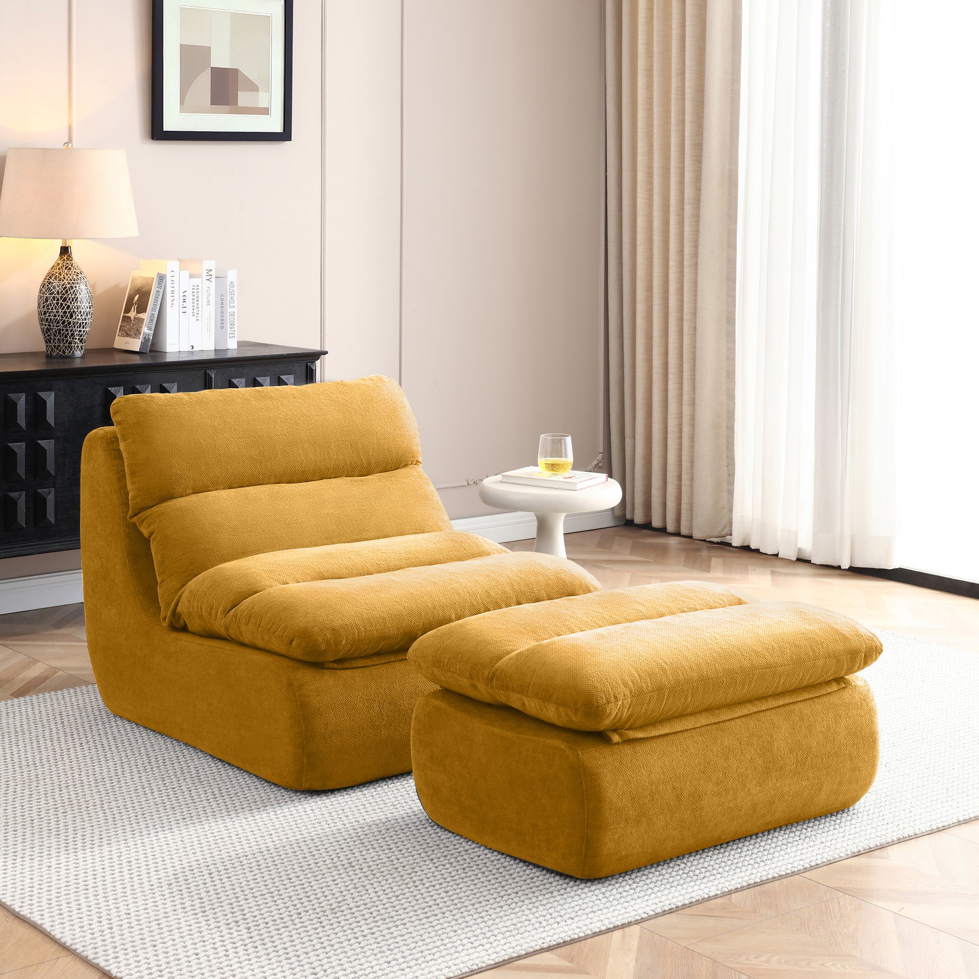 Yellow Bean Bag Chair with Ottoman - Modern Sofa for Living Room