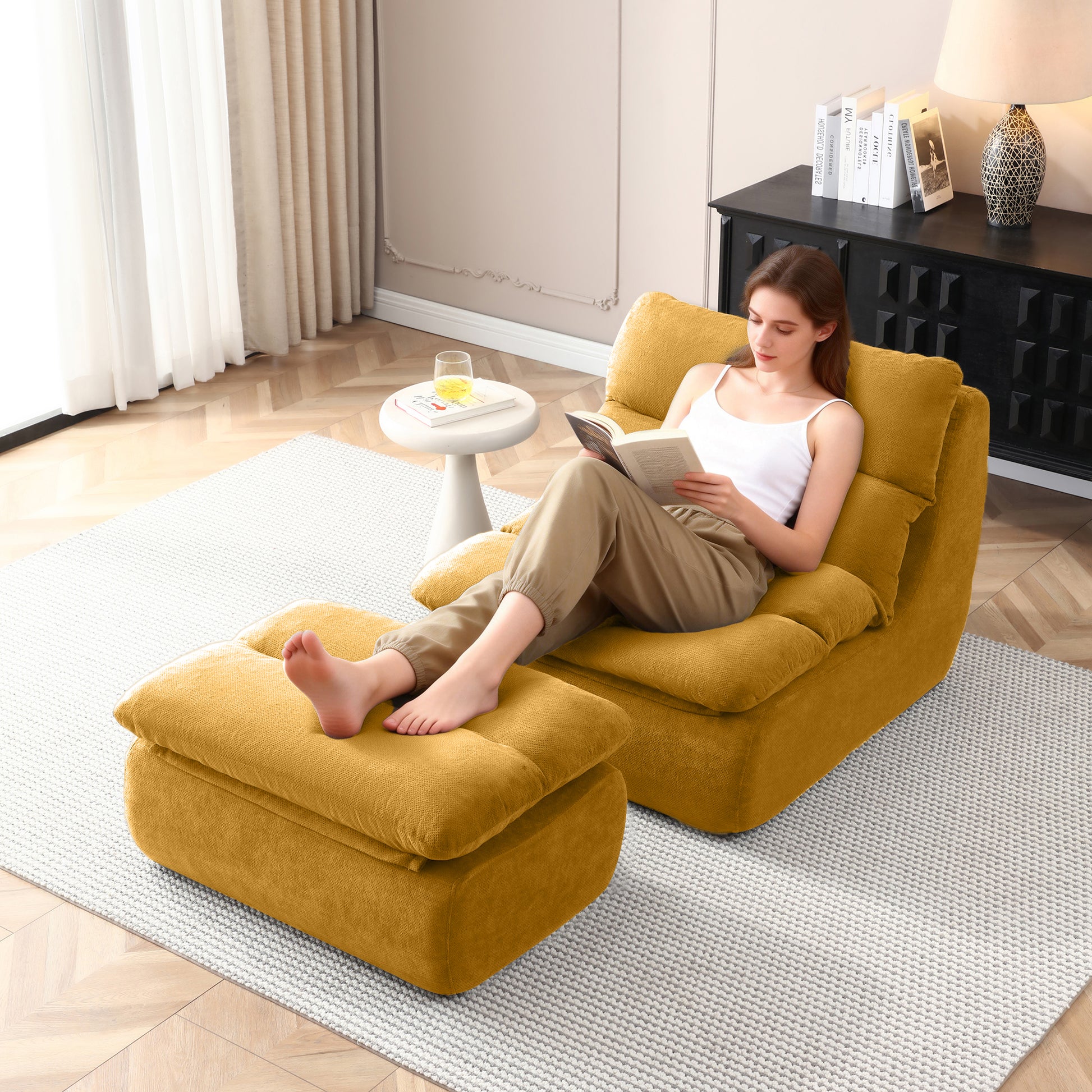 Yellow Bean Bag Chair with Ottoman - Modern Sofa for Living Room