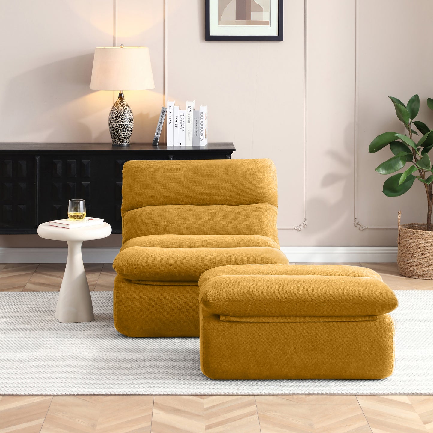 Yellow Bean Bag Chair with Ottoman - Modern Sofa for Living Room