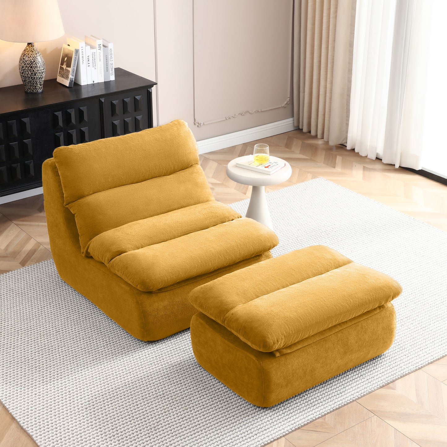 32" Bean Bag Chair with Ottoman, Big Chaise Lounge Chairs for Adults, Tufted Upholstered Lazy Sofa for Living Room, Bedroom, Yellow