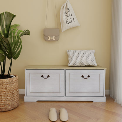 Shoe Storage Bench with 2 Flip Drawers and Adjustable Shelf for Entryway, Hallway, Bedroom-Antique White