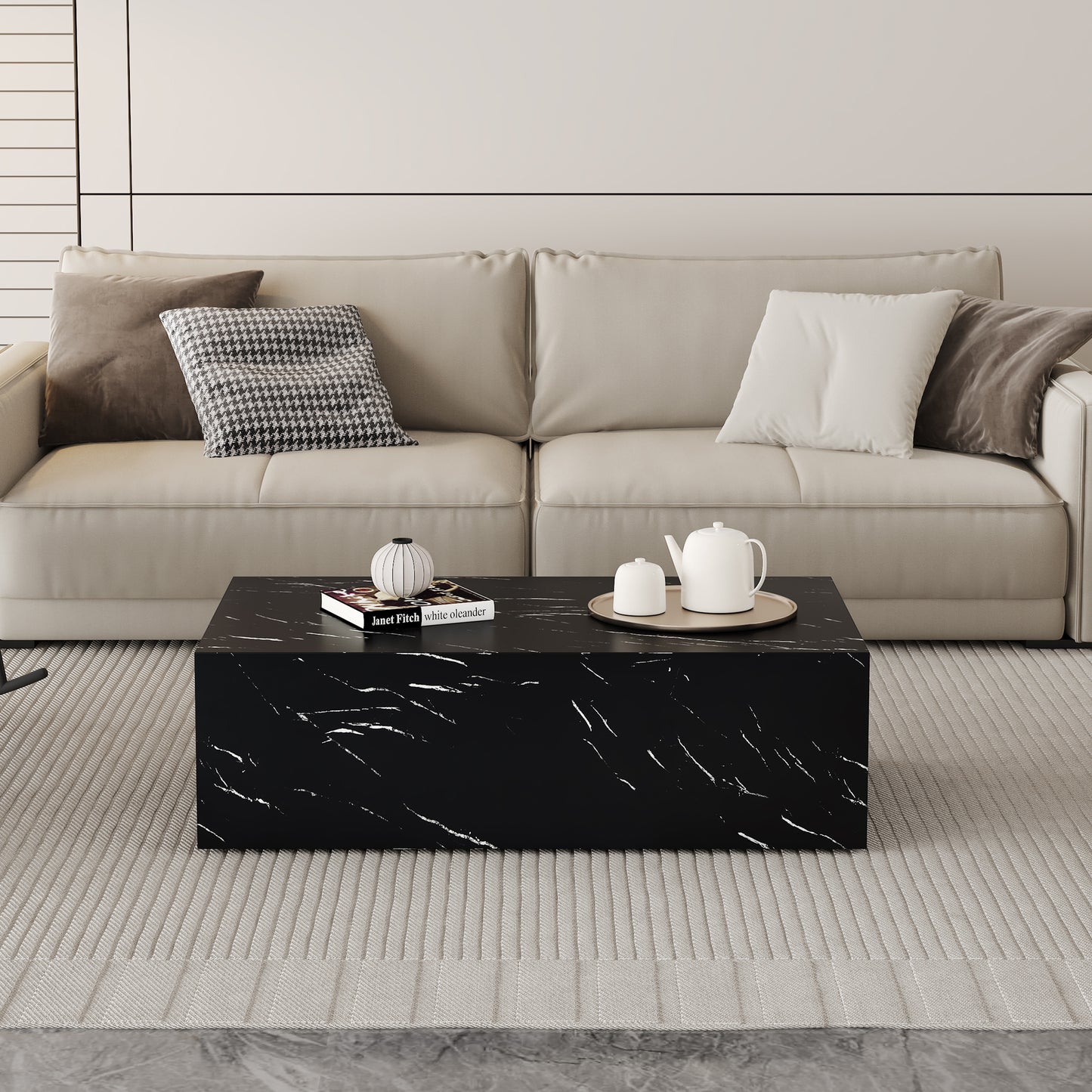 39.3*23.6*11.8 Inch Black Marble Texture MDF Coffee Table - Luxurious Design, Perfect Living Room Accent.Fashion texture design coffee table, suitable for various situations and scenes.W1151P234029