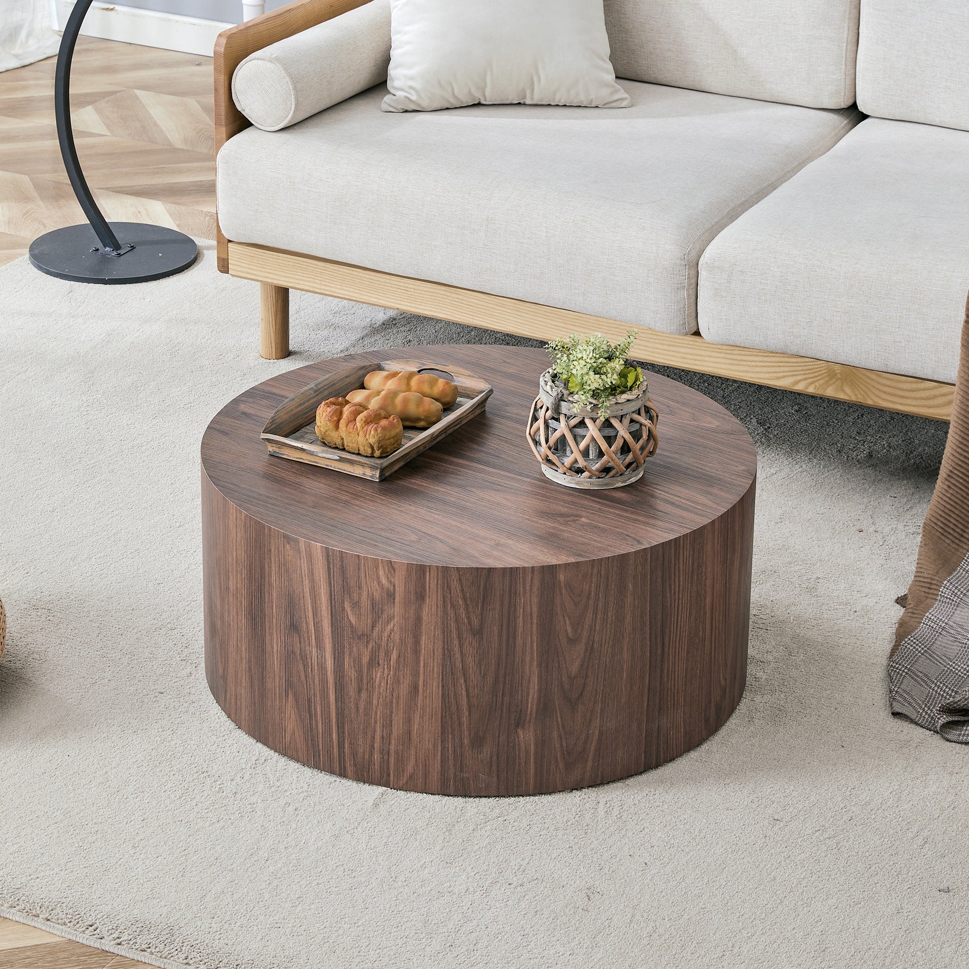 Round Walnut Coffee Table - 23.6" Diameter, MDF for Living Room