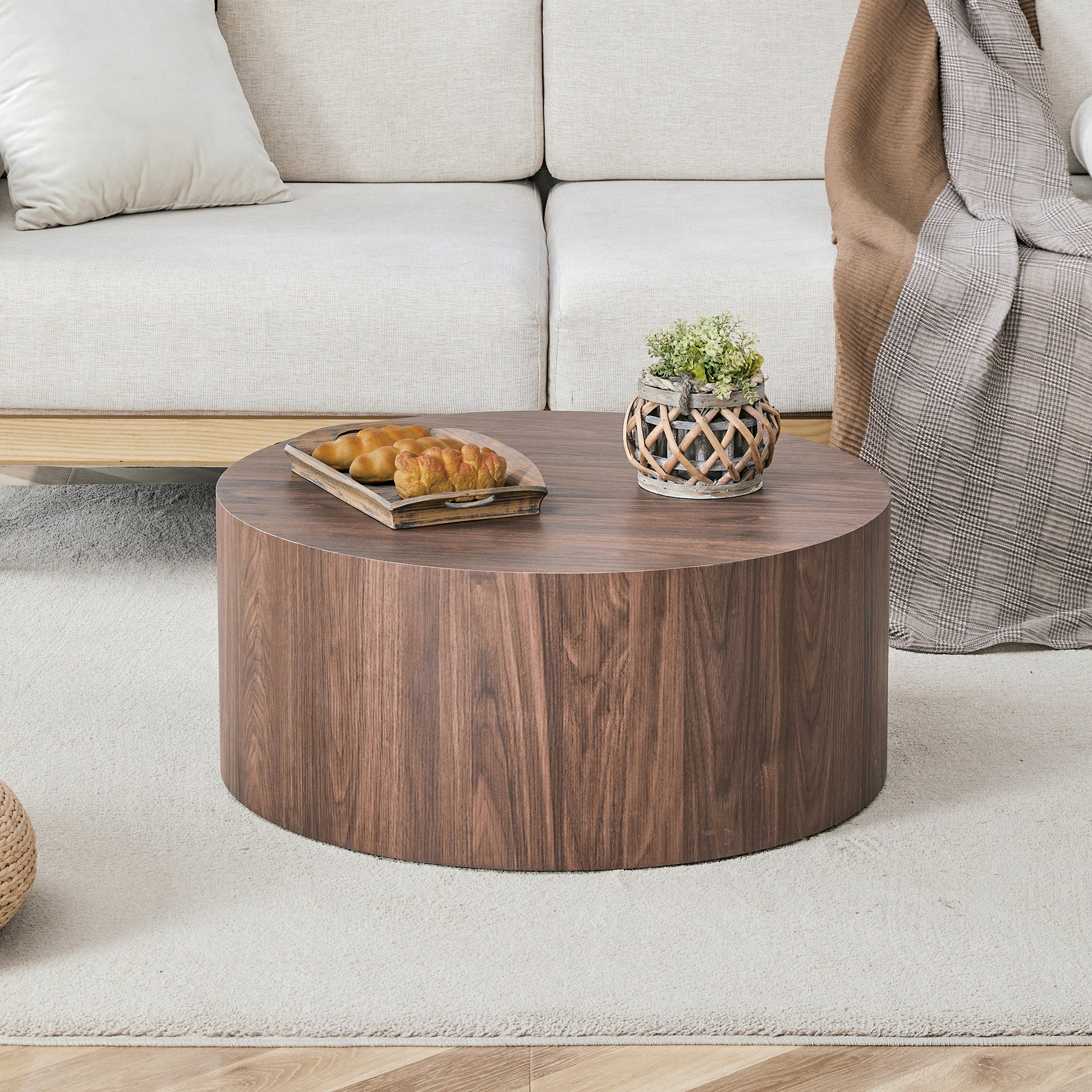 Round Walnut Coffee Table - 23.6" Diameter, MDF for Living Room