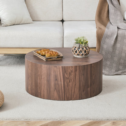 Round Walnut Coffee Table - 23.6" Diameter, MDF for Living Room