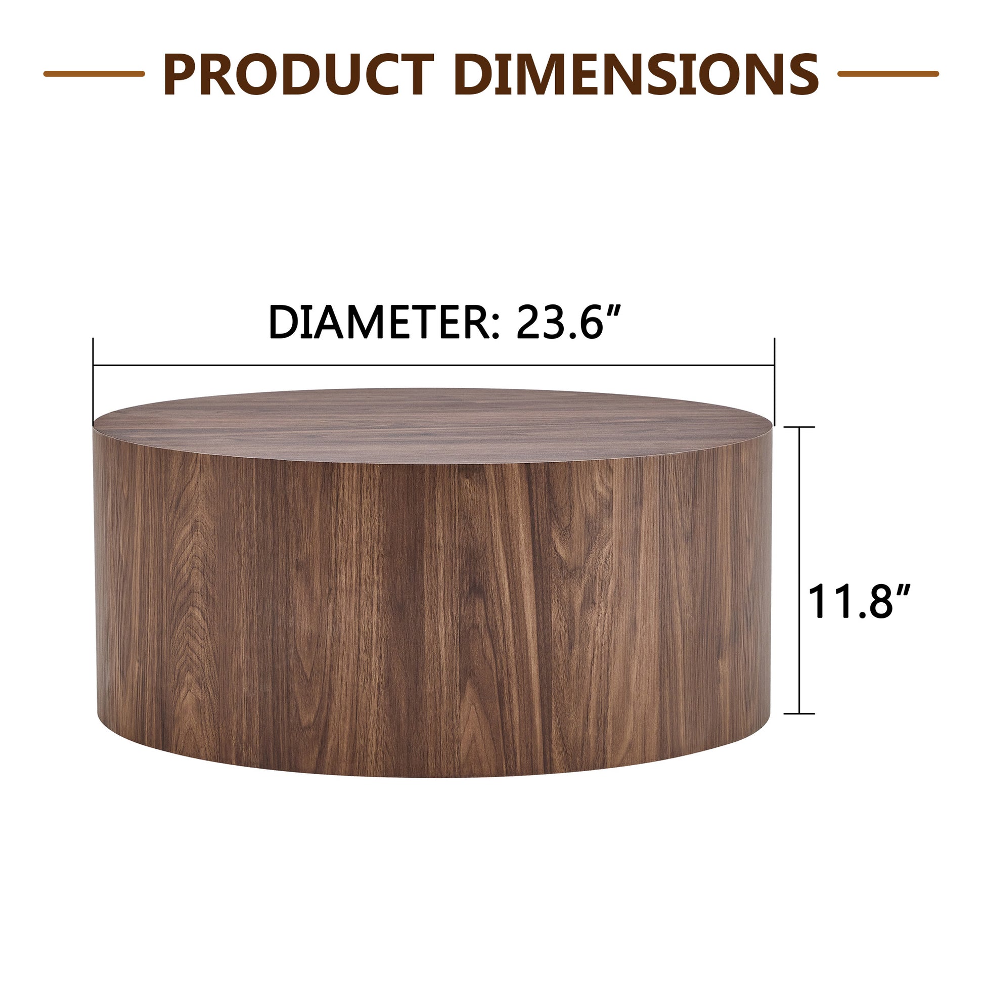 Round Walnut Coffee Table - 23.6" Diameter, MDF for Living Room