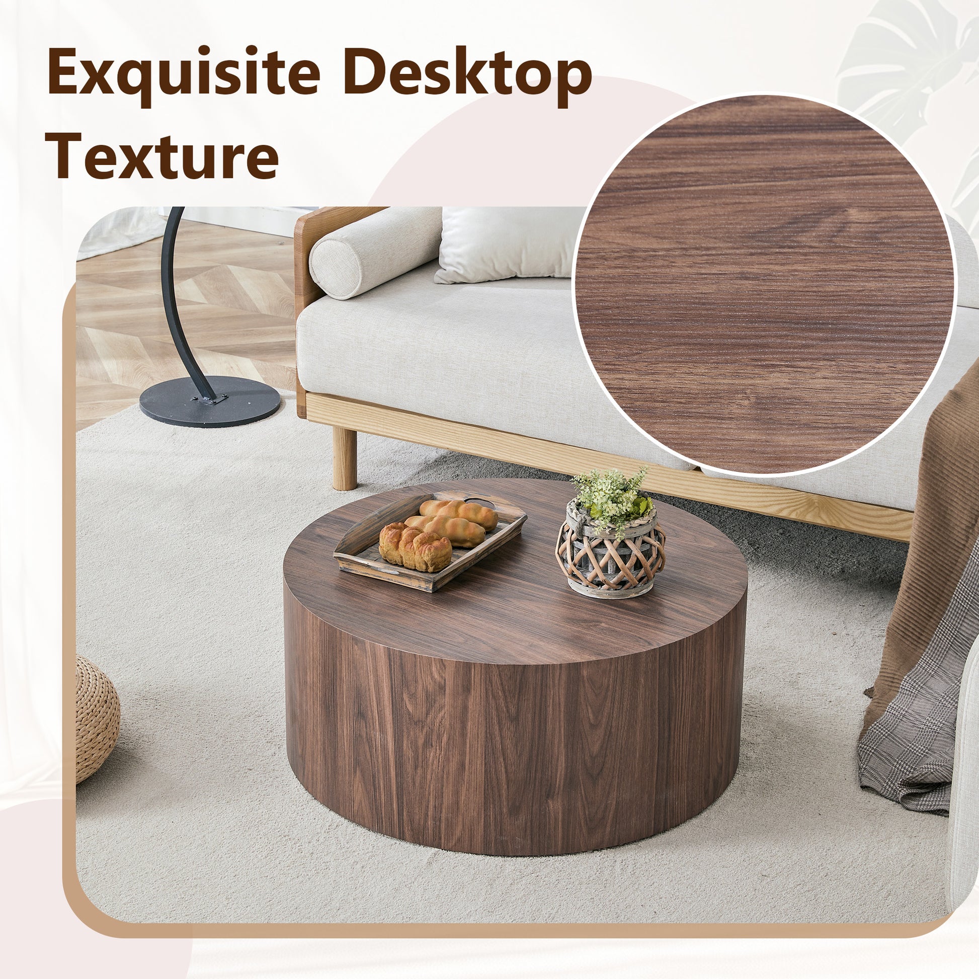 Round Walnut Coffee Table - 23.6" Diameter, MDF for Living Room