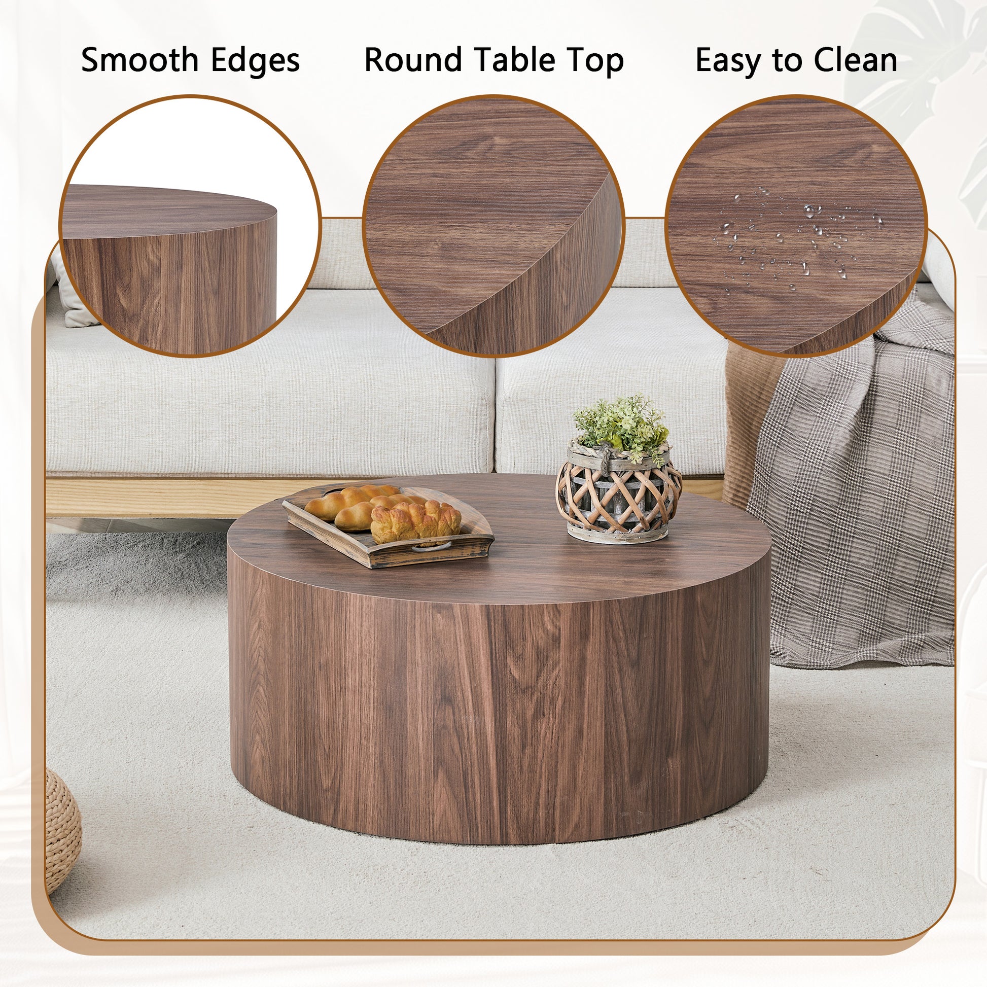Round Walnut Coffee Table - 23.6" Diameter, MDF for Living Room
