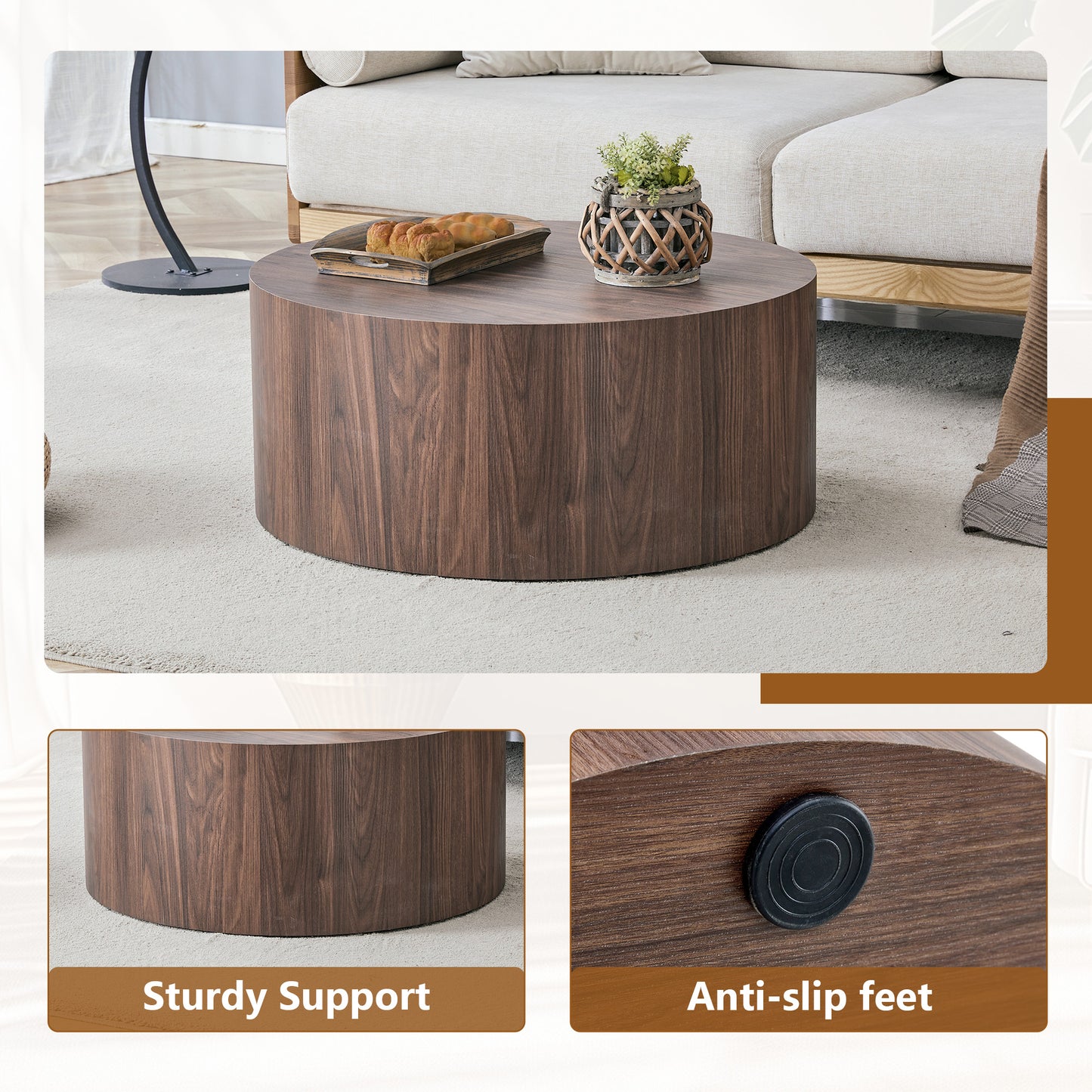 Round Walnut Coffee Table - 23.6" Diameter, MDF for Living Room