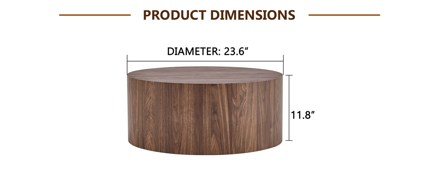 Round Walnut Coffee Table - 23.6" Diameter, MDF for Living Room