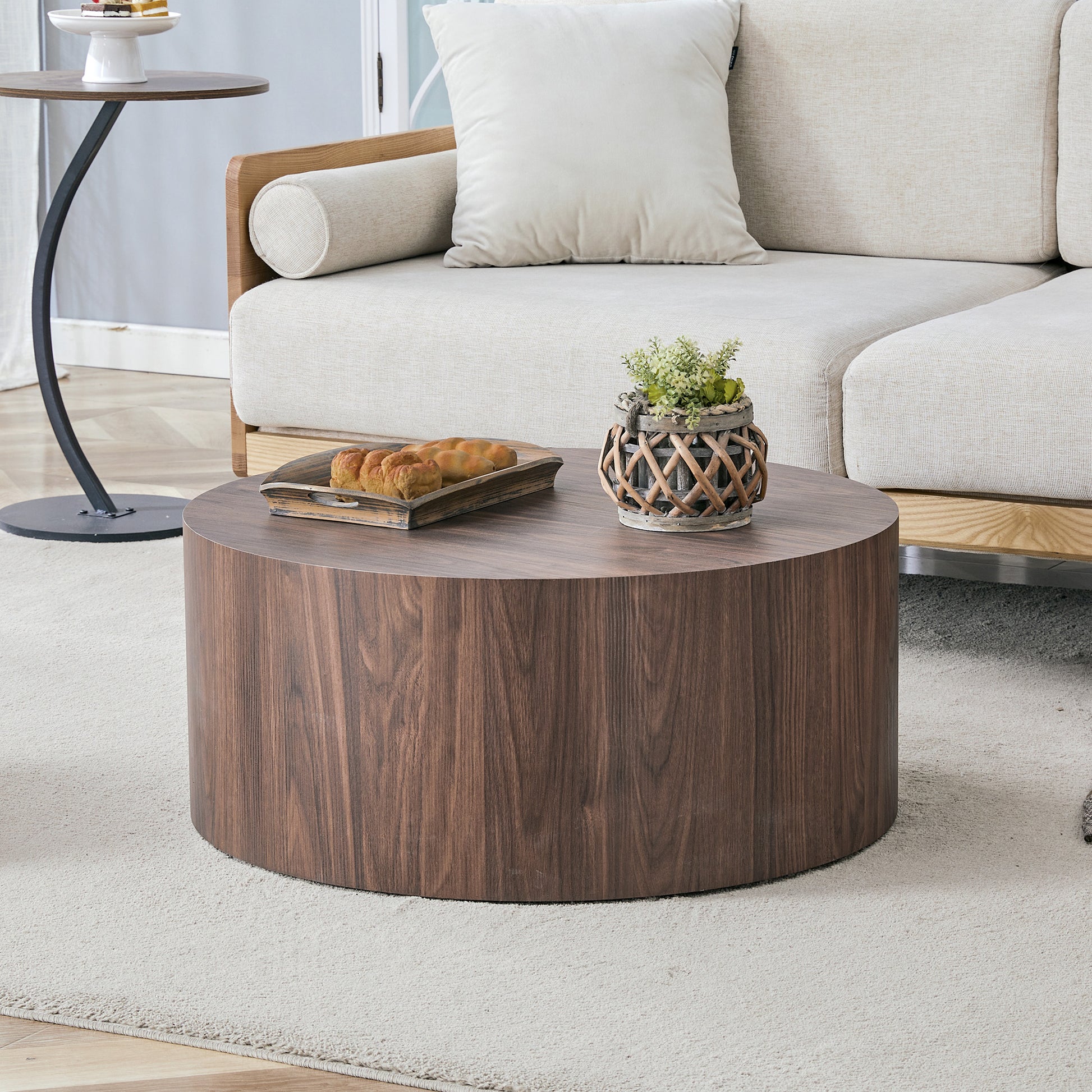 Simple deep walnut cylindrical coffee table, 23.6-inch diameter x 11.8 inch height,MDF material living room furniture. Suitable for industrial style, or modern minimalist living room.