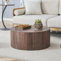Simple deep walnut cylindrical coffee table, 23.6-inch diameter x 11.8 inch height,MDF material living room furniture. Suitable for industrial style, or modern minimalist living room.