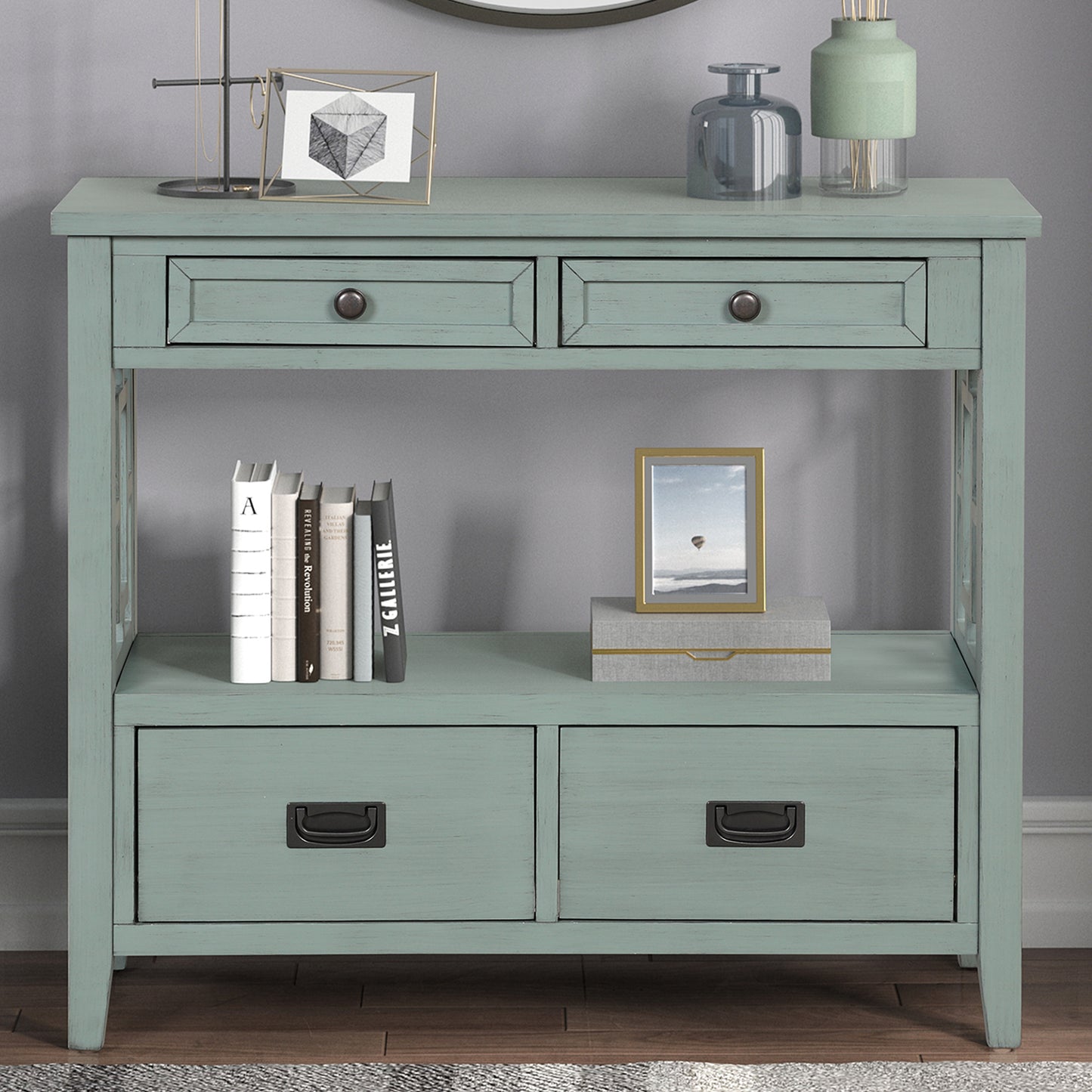 Retro Blue Pine Console Table - 36" Entryway Sofa Table with Drawers