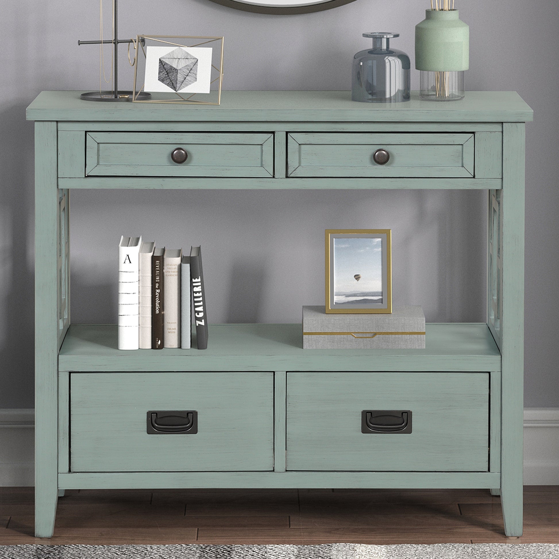 Retro Blue Pine Console Table - 36" Entryway Sofa Table with Drawers