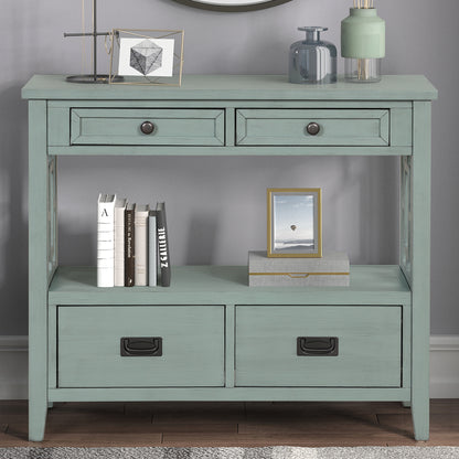 Retro Blue Pine Console Table - 36" Entryway Sofa Table with Drawers