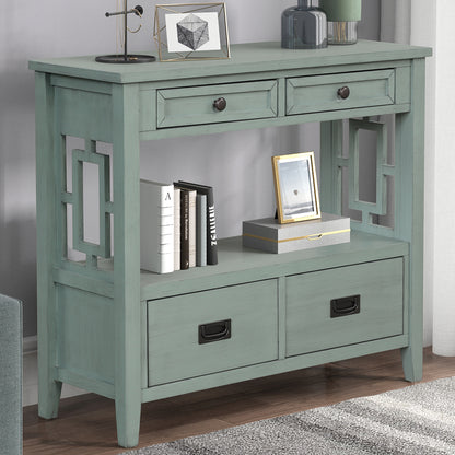 Retro Blue Pine Console Table - 36" Entryway Sofa Table with Drawers