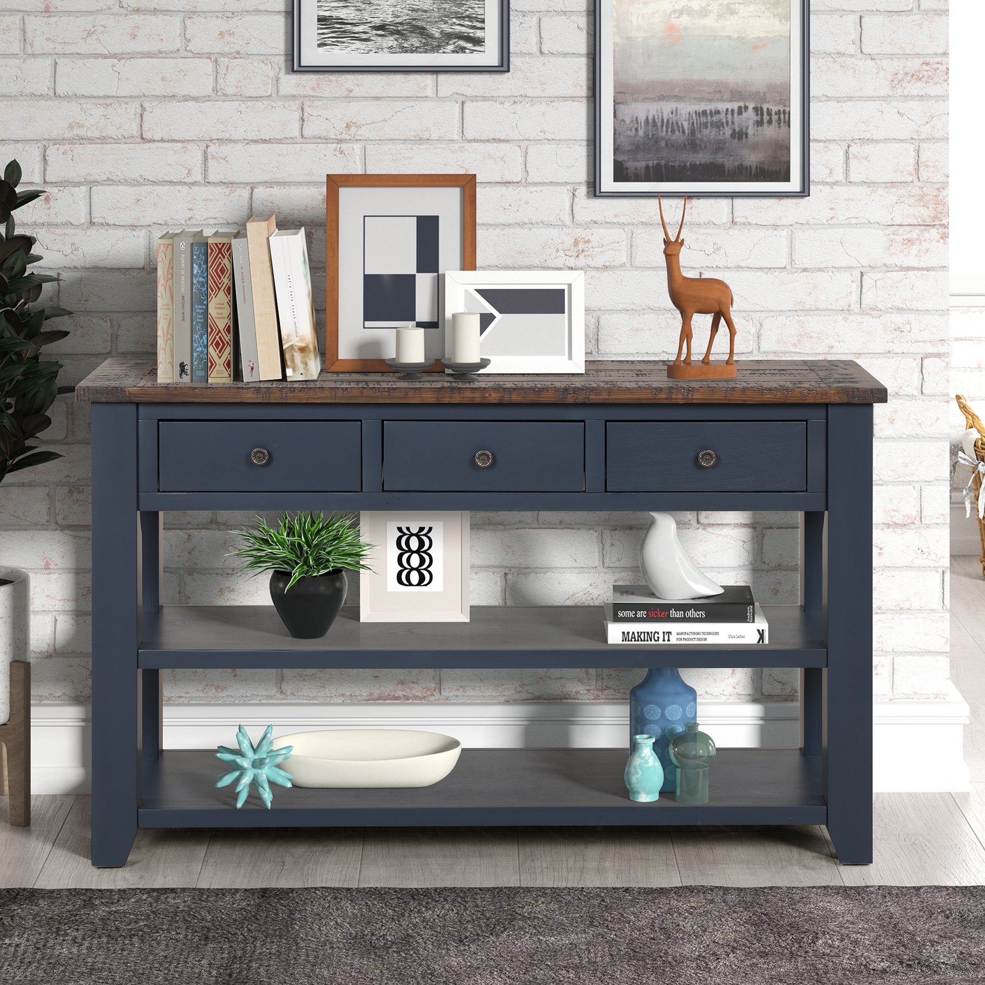 48'' Solid Pine Wood Top Console Table, Modern Entryway Sofa Side Table with 3 Storage Drawers and 2 Shelves. Easy to Assemble (Navy Blue + Brown Top(Old SKU:W120246667