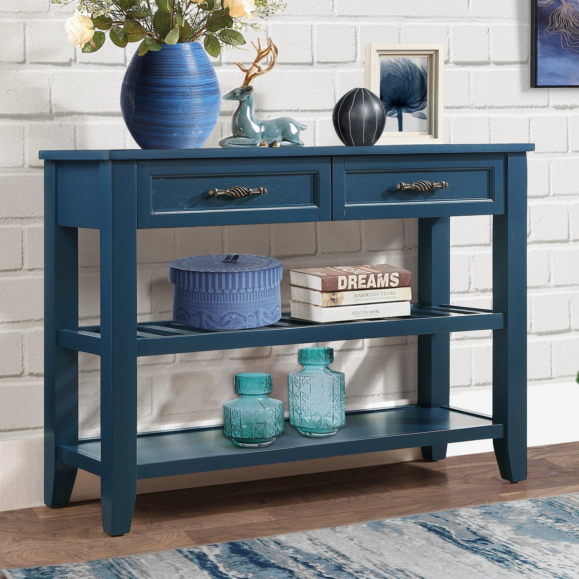 Navy Blue Console Table with Drawers & Shelves - 42" Buffet Sideboard