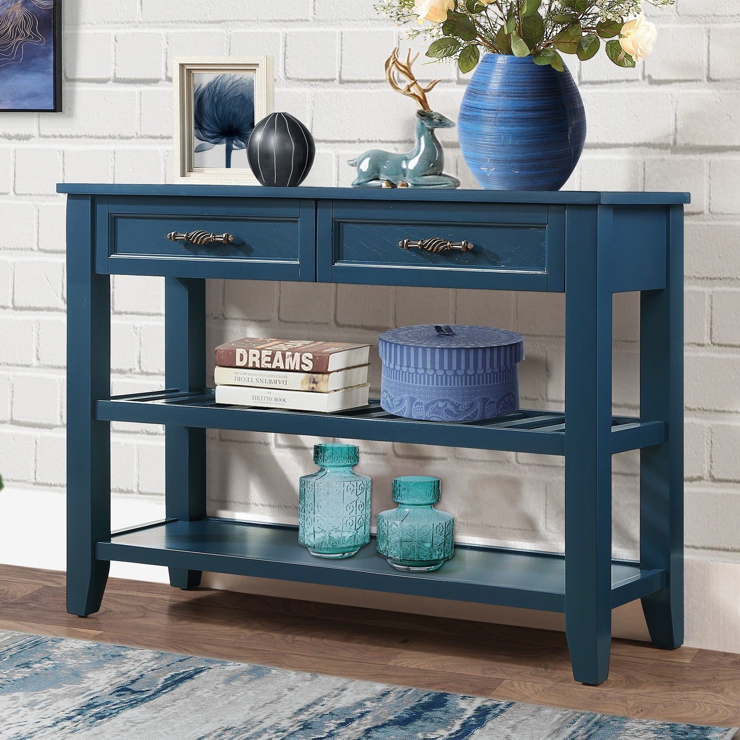 Navy Blue Console Table with Drawers & Shelves - 42" Buffet Sideboard