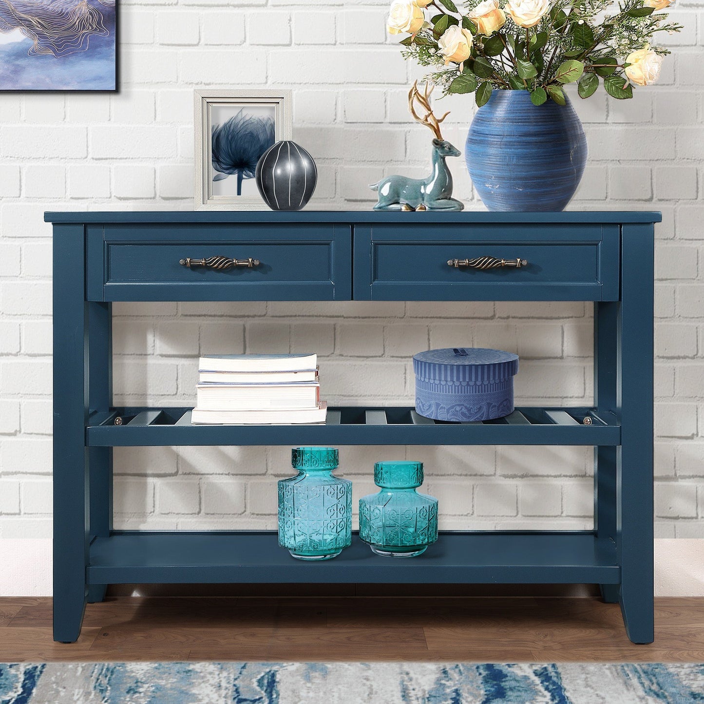 Console Sofa Table with 2 Storage Drawers and 2 Tiers Shelves, Mid-Century Style 42'' Solid Wood Buffet Sideboard for Living Room Furniture Kitchen Dining Room Entryway Hallway, Navy Blue(W120284580)