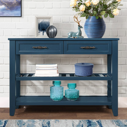 Console Sofa Table with 2 Storage Drawers and 2 Tiers Shelves, Mid-Century Style 42'' Solid Wood Buffet Sideboard for Living Room Furniture Kitchen Dining Room Entryway Hallway, Navy Blue(W120284580)
