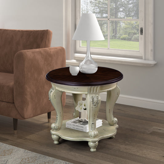 22 Inch Round End Table Beige Rubber Wood Sofa Side Table with Shelf for Living Room