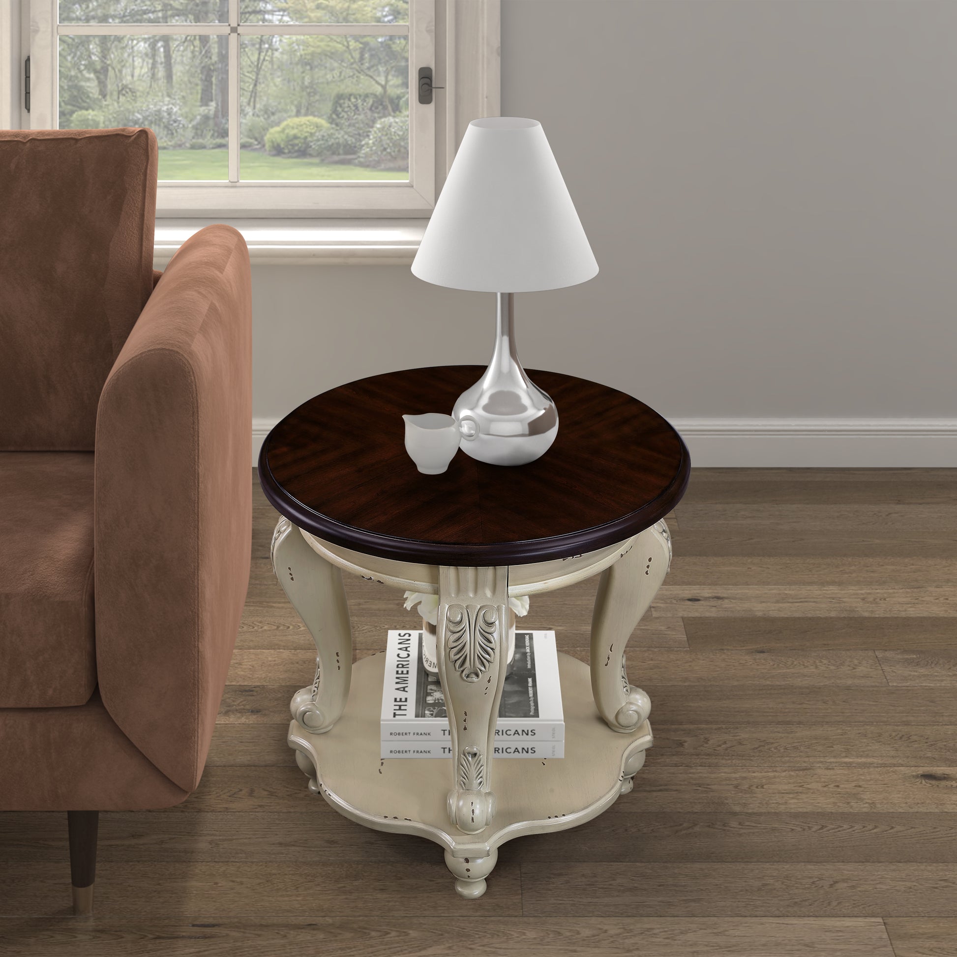 22 Inch Round End Table Beige Rubber Wood Sofa Side Table with Shelf for Living Room