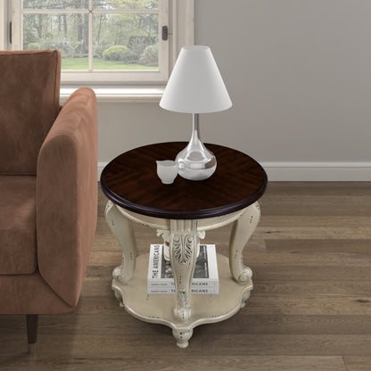 22 Inch Round End Table Beige Rubber Wood Sofa Side Table with Shelf for Living Room