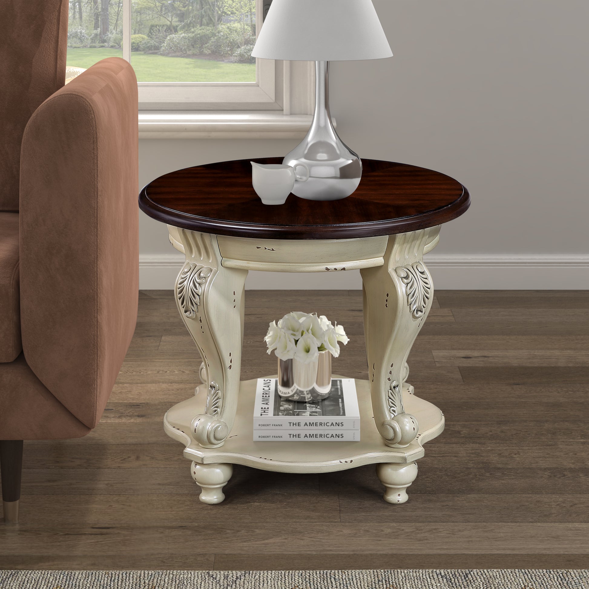 22 Inch Round End Table Beige Rubber Wood Sofa Side Table with Shelf for Living Room