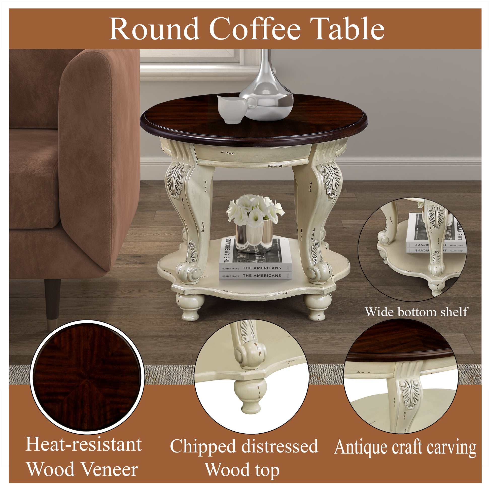 22 Inch Round End Table Beige Rubber Wood Sofa Side Table with Shelf for Living Room