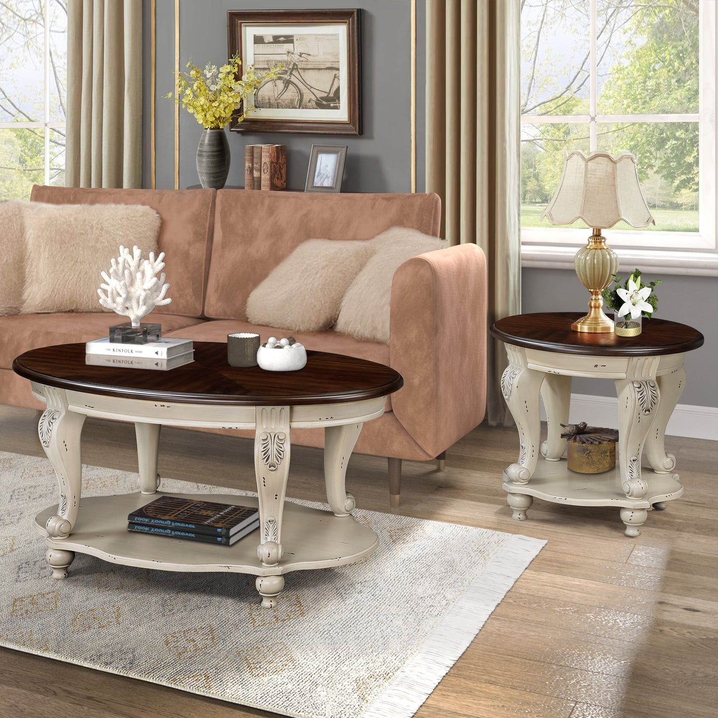 22 Inch Round End Table Beige Rubber Wood Sofa Side Table with Shelf for Living Room