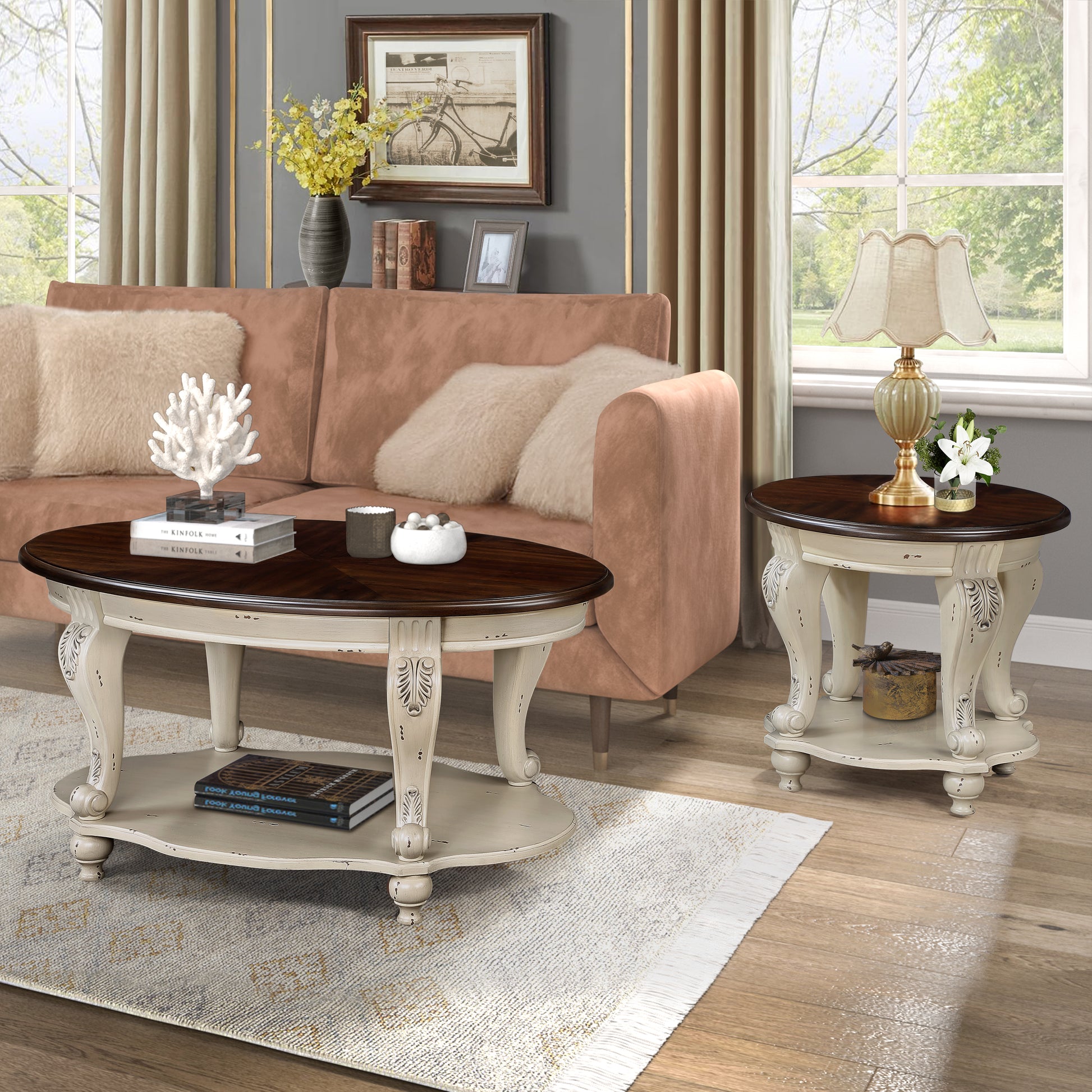 22 Inch Round End Table Beige Rubber Wood Sofa Side Table with Shelf for Living Room