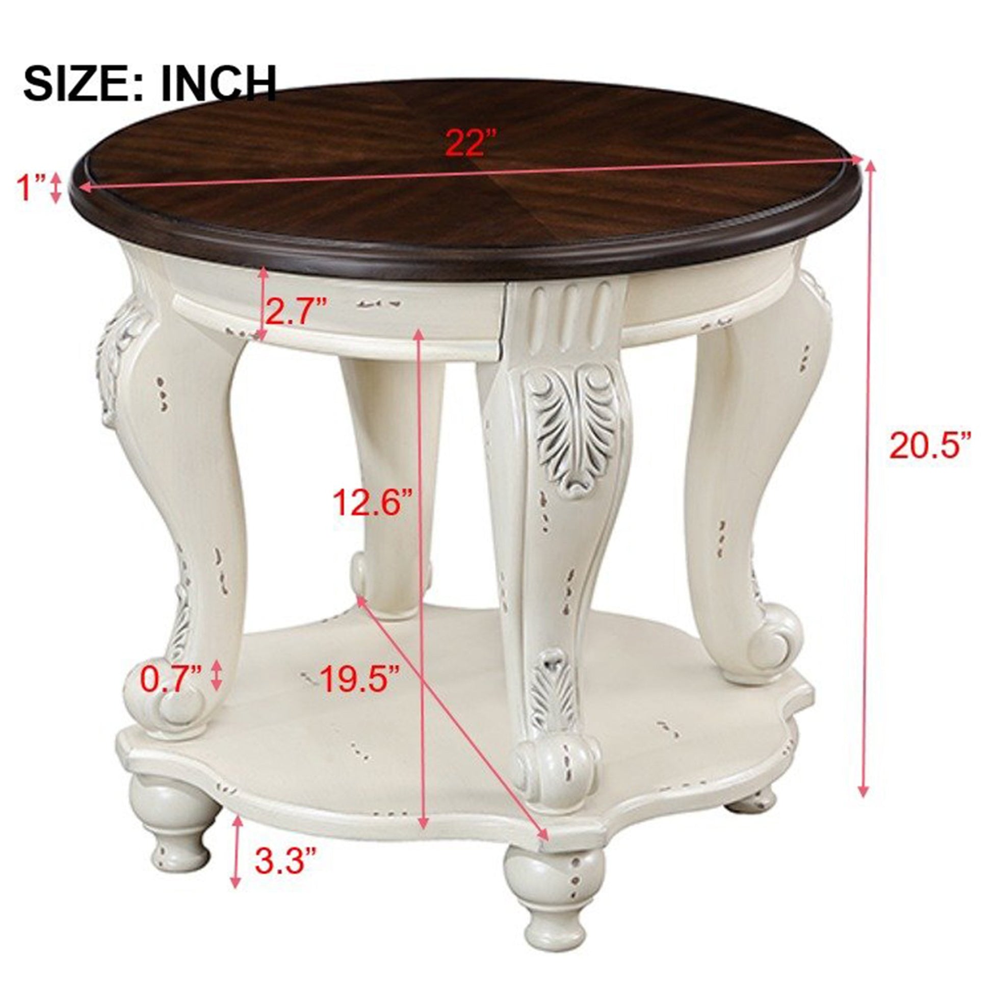 22 Inch Round End Table Beige Rubber Wood Sofa Side Table with Shelf for Living Room